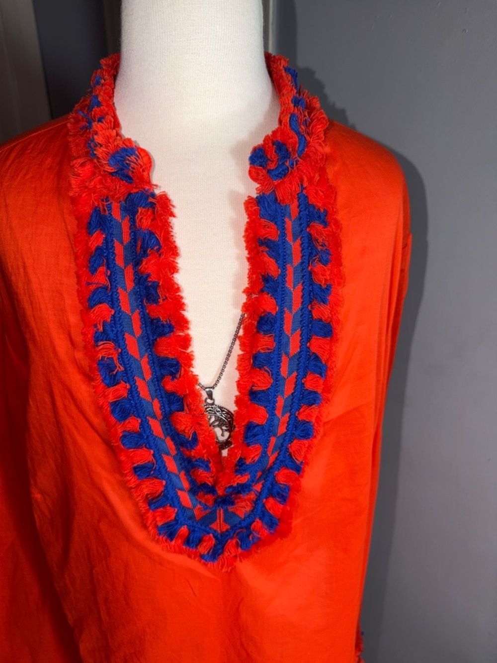 Tory Burch Orange Tunic with Blue Crochet Trim - Picture 4 of 11
